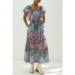 Anthropologie Clementina Floral Eyelet Maxi Dress with Pockets Size Medium M
